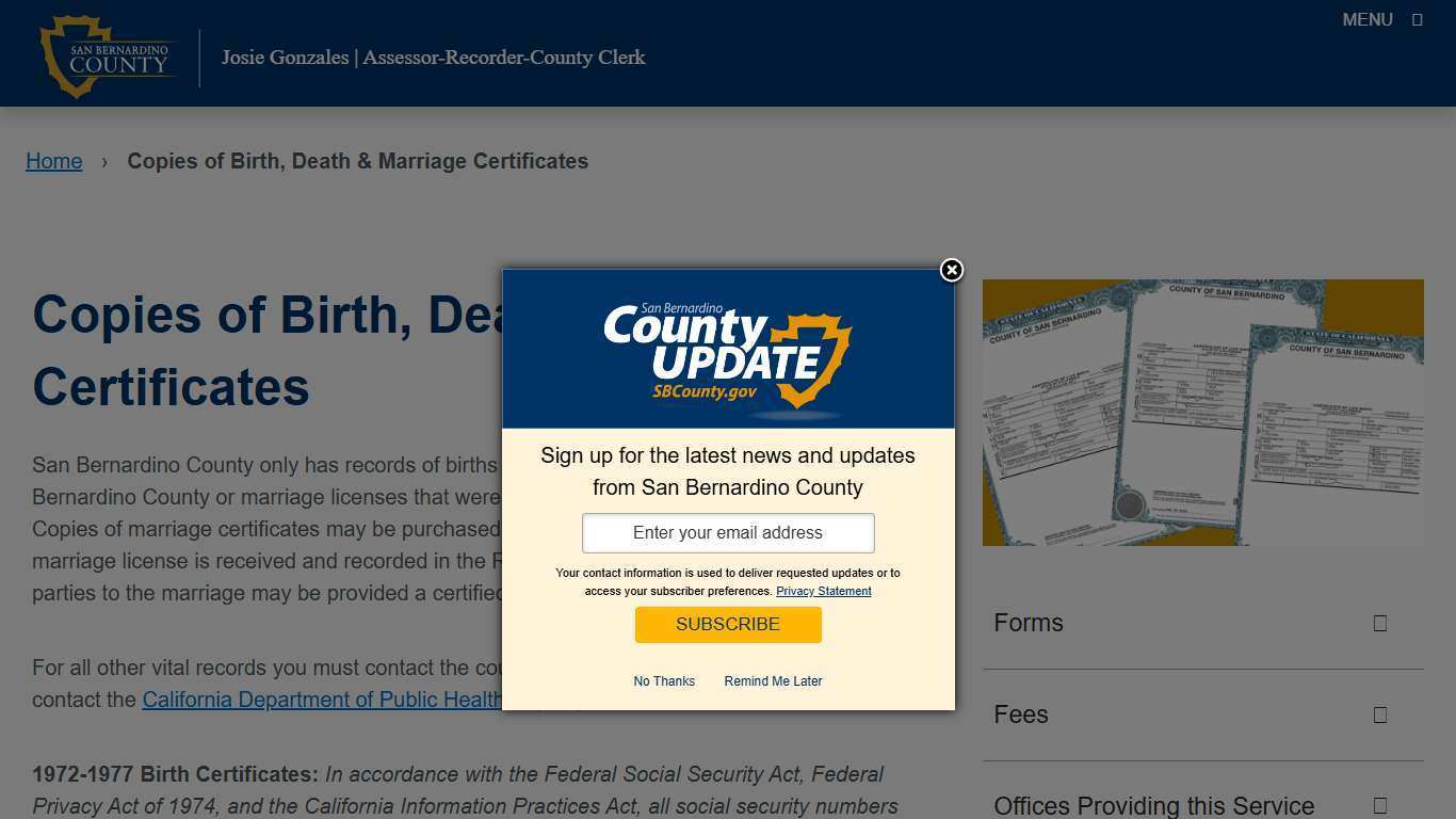 Copies of Birth, Death & Marriage Certificates – San Bernardino County Assessor